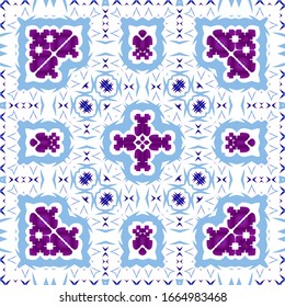 Portuguese vintage azulejo tiles. Stylish design. Vector seamless pattern illustration. Blue antique background for pillows, print, wallpaper, web backdrop, towels, surface texture.