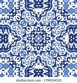 Portuguese vintage azulejo tiles. Stylish design. Vector seamless pattern poster. Blue antique background for pillows, print, wallpaper, web backdrop, towels, surface texture.