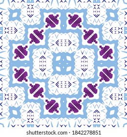 Portuguese vintage azulejo tiles. Stylish design. Vector seamless pattern illustration. Blue antique background for pillows, print, wallpaper, web backdrop, towels, surface texture.
