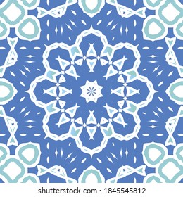 Portuguese vintage azulejo tiles. Stylish design. Vector seamless pattern illustration. Blue antique background for pillows, print, wallpaper, web backdrop, towels, surface texture.