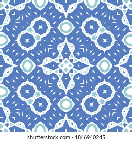 Portuguese vintage azulejo tiles. Stylish design. Vector seamless pattern illustration. Blue antique background for pillows, print, wallpaper, web backdrop, towels, surface texture.