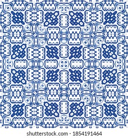 Portuguese vintage azulejo tiles. Stylish design. Vector seamless pattern illustration. Blue antique background for pillows, print, wallpaper, web backdrop, towels, surface texture.