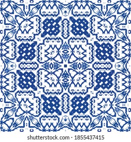 Portuguese vintage azulejo tiles. Stylish design. Vector seamless pattern illustration. Blue antique background for pillows, print, wallpaper, web backdrop, towels, surface texture.