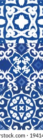 Portuguese vintage azulejo tiles. Stylish design. Set of vector seamless patterns. Blue antique backgrounds for pillows, print, wallpaper, web backdrop, towels, surface texture.