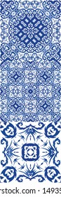 Portuguese vintage azulejo tiles. Universal design. Kit of vector seamless patterns. Blue antique backgrounds for pillows, print, wallpaper, web backdrop, towels, surface texture.