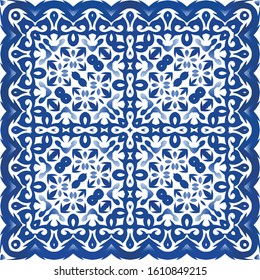 Portuguese vintage azulejo tiles. Universal design. Vector seamless pattern illustration. Blue antique background for pillows, print, wallpaper, web backdrop, towels, surface texture.