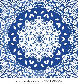 Portuguese vintage azulejo tiles. Vector seamless pattern template. Modern design. Blue antique background for pillows, print, wallpaper, web backdrop, towels, surface texture.