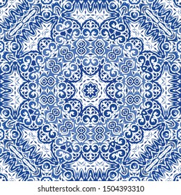 Portuguese vintage azulejo tiles. Vector seamless pattern frame. Minimal design. Blue antique background for pillows, print, wallpaper, web backdrop, towels, surface texture.