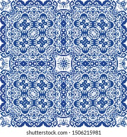 Portuguese vintage azulejo tiles. Vector seamless pattern flyer. Hand drawn design. Blue antique background for pillows, print, wallpaper, web backdrop, towels, surface texture.
