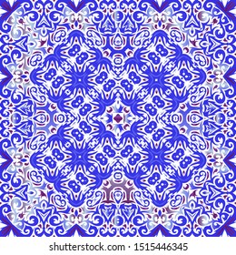 Portuguese vintage azulejo tiles. Vector seamless pattern poster. Graphic design. Blue antique background for pillows, print, wallpaper, web backdrop, towels, surface texture.