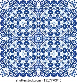 Portuguese vintage azulejo tiles. Vector seamless pattern frame. Graphic design. Blue antique background for pillows, print, wallpaper, web backdrop, towels, surface texture.