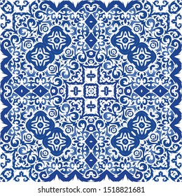 Portuguese vintage azulejo tiles. Vector seamless pattern illustration. Universal design. Blue antique background for pillows, print, wallpaper, web backdrop, towels, surface texture.