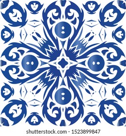 Portuguese vintage azulejo tiles. Vector seamless pattern concept. Graphic design. Blue antique background for pillows, print, wallpaper, web backdrop, towels, surface texture.