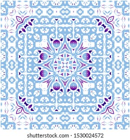 Portuguese vintage azulejo tiles. Vector seamless pattern concept. Graphic design. Blue antique background for pillows, print, wallpaper, web backdrop, towels, surface texture.