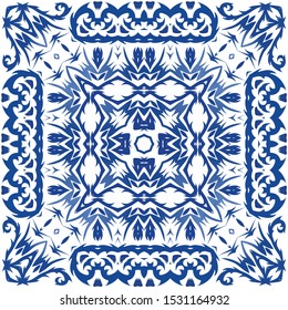 Portuguese vintage azulejo tiles. Vector seamless pattern collage. Modern design. Blue antique background for pillows, print, wallpaper, web backdrop, towels, surface texture.