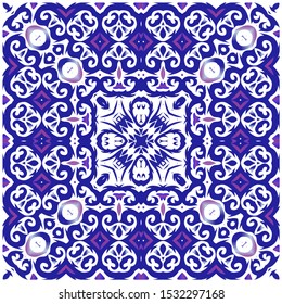 Portuguese vintage azulejo tiles. Vector seamless pattern flyer. Colored design. Blue antique background for pillows, print, wallpaper, web backdrop, towels, surface texture.