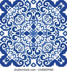 Portuguese vintage azulejo tiles. Vector seamless pattern frame. Fashionable design. Blue antique background for pillows, print, wallpaper, web backdrop, towels, surface texture.