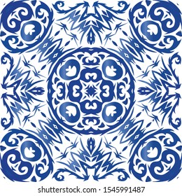 Portuguese vintage azulejo tiles. Vector seamless pattern watercolor. Colored design. Blue antique background for pillows, print, wallpaper, web backdrop, towels, surface texture.