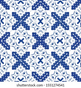 Portuguese vintage azulejo tiles. Vector seamless pattern poster. Graphic design. Blue antique background for pillows, print, wallpaper, web backdrop, towels, surface texture.