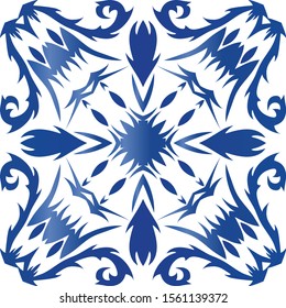Portuguese vintage azulejo tiles. Vector seamless pattern template. Stylish design. Blue antique background for pillows, print, wallpaper, web backdrop, towels, surface texture.