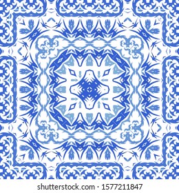 Portuguese vintage azulejo tiles. Vector seamless pattern collage. Modern design. Blue antique background for pillows, print, wallpaper, web backdrop, towels, surface texture.