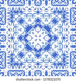 Portuguese vintage azulejo tiles. Vector seamless pattern collage. Modern design. Blue antique background for pillows, print, wallpaper, web backdrop, towels, surface texture.