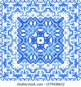 Portuguese vintage azulejo tiles. Vector seamless pattern template. Modern design. Blue antique background for pillows, print, wallpaper, web backdrop, towels, surface texture.