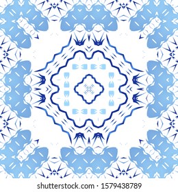 Portuguese vintage azulejo tiles. Vector seamless pattern poster. Graphic design. Blue antique background for pillows, print, wallpaper, web backdrop, towels, surface texture.