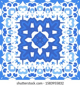 Portuguese vintage azulejo tiles. Vector seamless pattern template. Modern design. Blue antique background for pillows, print, wallpaper, web backdrop, towels, surface texture.