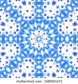 Portuguese vintage azulejo tiles. Vector seamless pattern template. Modern design. Blue antique background for pillows, print, wallpaper, web backdrop, towels, surface texture.