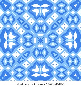 Portuguese vintage azulejo tiles. Vector seamless pattern template. Modern design. Blue antique background for pillows, print, wallpaper, web backdrop, towels, surface texture.