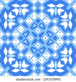 Portuguese vintage azulejo tiles. Vector seamless pattern template. Modern design. Blue antique background for pillows, print, wallpaper, web backdrop, towels, surface texture.