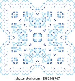 Portuguese vintage azulejo tiles. Vector seamless pattern poster. Graphic design. Blue antique background for pillows, print, wallpaper, web backdrop, towels, surface texture.