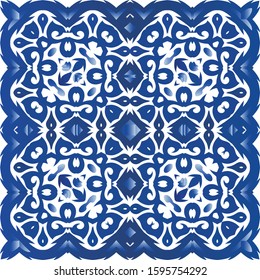 Portuguese vintage azulejo tiles. Vector seamless pattern arabesque. Minimal design. Blue antique background for pillows, print, wallpaper, web backdrop, towels, surface texture.