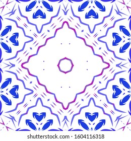 Portuguese vintage azulejo tiles. Vector seamless pattern poster. Graphic design. Blue antique background for pillows, print, wallpaper, web backdrop, towels, surface texture.