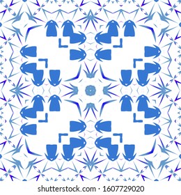 Portuguese vintage azulejo tiles. Vector seamless pattern poster. Graphic design. Blue antique background for pillows, print, wallpaper, web backdrop, towels, surface texture.