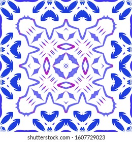 Portuguese vintage azulejo tiles. Vector seamless pattern poster. Graphic design. Blue antique background for pillows, print, wallpaper, web backdrop, towels, surface texture.