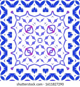 Portuguese vintage azulejo tiles. Vector seamless pattern poster. Graphic design. Blue antique background for pillows, print, wallpaper, web backdrop, towels, surface texture.