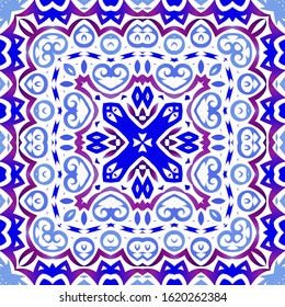Portuguese vintage azulejo tiles. Vector seamless pattern template. Modern design. Blue antique background for pillows, print, wallpaper, web backdrop, towels, surface texture.