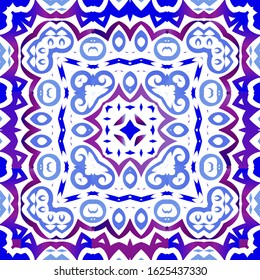 Portuguese vintage azulejo tiles. Vector seamless pattern template. Modern design. Blue antique background for pillows, print, wallpaper, web backdrop, towels, surface texture.