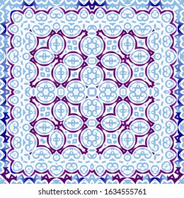 Portuguese vintage azulejo tiles. Vector seamless pattern template. Modern design. Blue antique background for pillows, print, wallpaper, web backdrop, towels, surface texture.