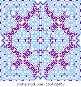 Portuguese vintage azulejo tiles. Vector seamless pattern frame. Fashionable design. Blue antique background for pillows, print, wallpaper, web backdrop, towels, surface texture.