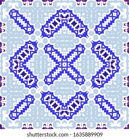 Portuguese vintage azulejo tiles. Vector seamless pattern frame. Minimal design. Blue antique background for pillows, print, wallpaper, web backdrop, towels, surface texture.