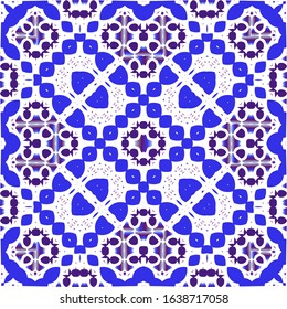Portuguese vintage azulejo tiles. Vector seamless pattern frame. Minimal design. Blue antique background for pillows, print, wallpaper, web backdrop, towels, surface texture.