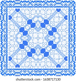 Portuguese vintage azulejo tiles. Vector seamless pattern collage. Modern design. Blue antique background for pillows, print, wallpaper, web backdrop, towels, surface texture.