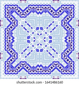 Portuguese vintage azulejo tiles. Vector seamless pattern frame. Minimal design. Blue antique background for pillows, print, wallpaper, web backdrop, towels, surface texture.