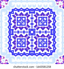 Portuguese vintage azulejo tiles. Vector seamless pattern frame. Minimal design. Blue antique background for pillows, print, wallpaper, web backdrop, towels, surface texture.