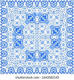 Portuguese vintage azulejo tiles. Vector seamless pattern illustration. Graphic design. Blue antique background for pillows, print, wallpaper, web backdrop, towels, surface texture.