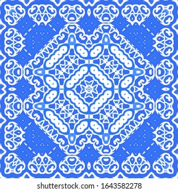 Portuguese vintage azulejo tiles. Vector seamless pattern flyer. Colored design. Blue antique background for pillows, print, wallpaper, web backdrop, towels, surface texture.