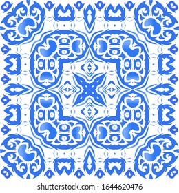 Portuguese vintage azulejo tiles. Vector seamless pattern illustration. Graphic design. Blue antique background for pillows, print, wallpaper, web backdrop, towels, surface texture.